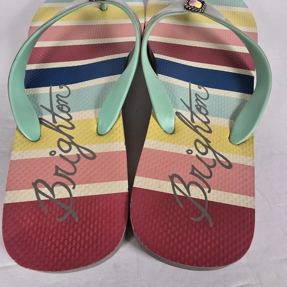 Brighton Colorful Striped Flip Flops With Gems On Top Of Sandals Size 10 Summer